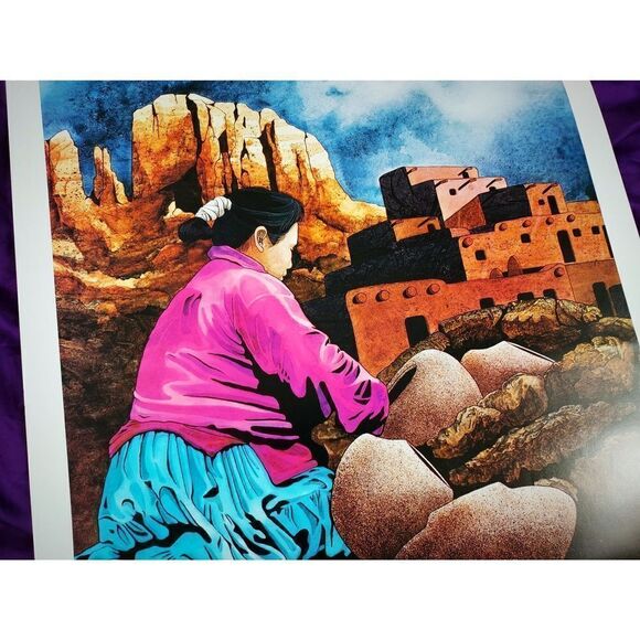 1990s Y2K Jeff St. John Southwestern Potter Native American Indian Signed Print - Picture 2 of 7